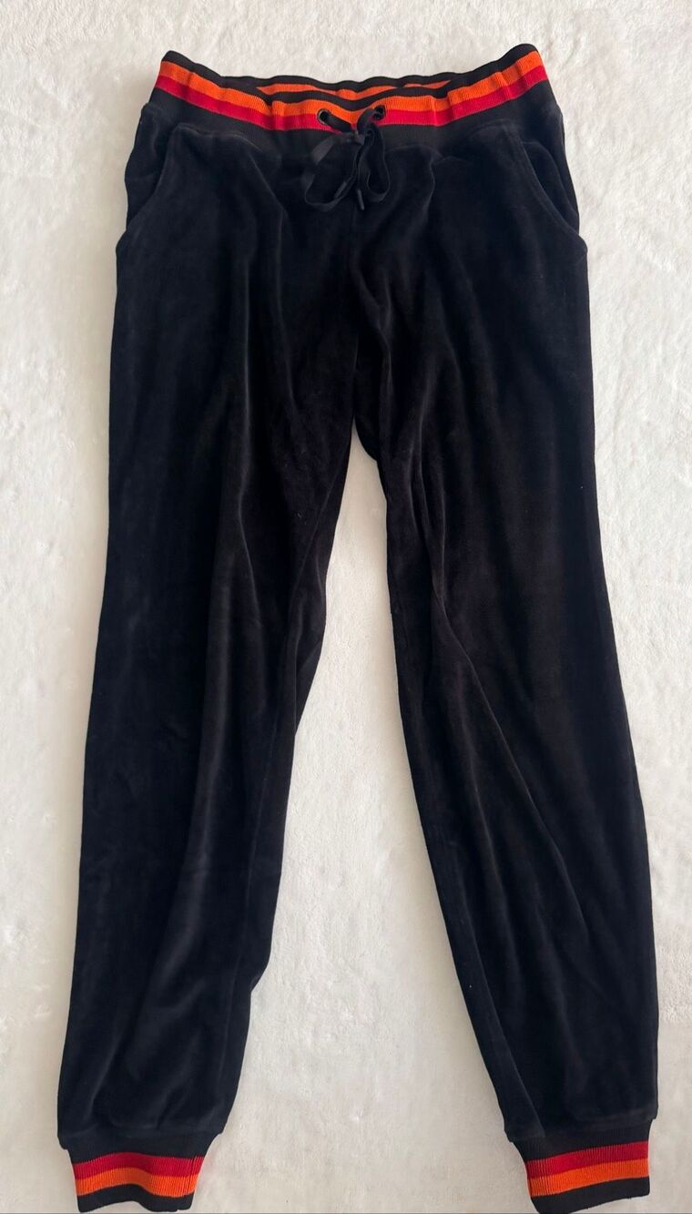 Trina Turk Black Velour Jogger Sweatpants Orange Red Stripe Waist Size M